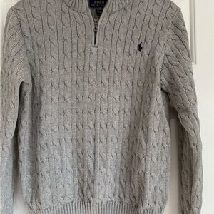Polo by Ralph Lauren Cable Knit Cotton Quarter-Zip  Light Gray Sweater Youth XL